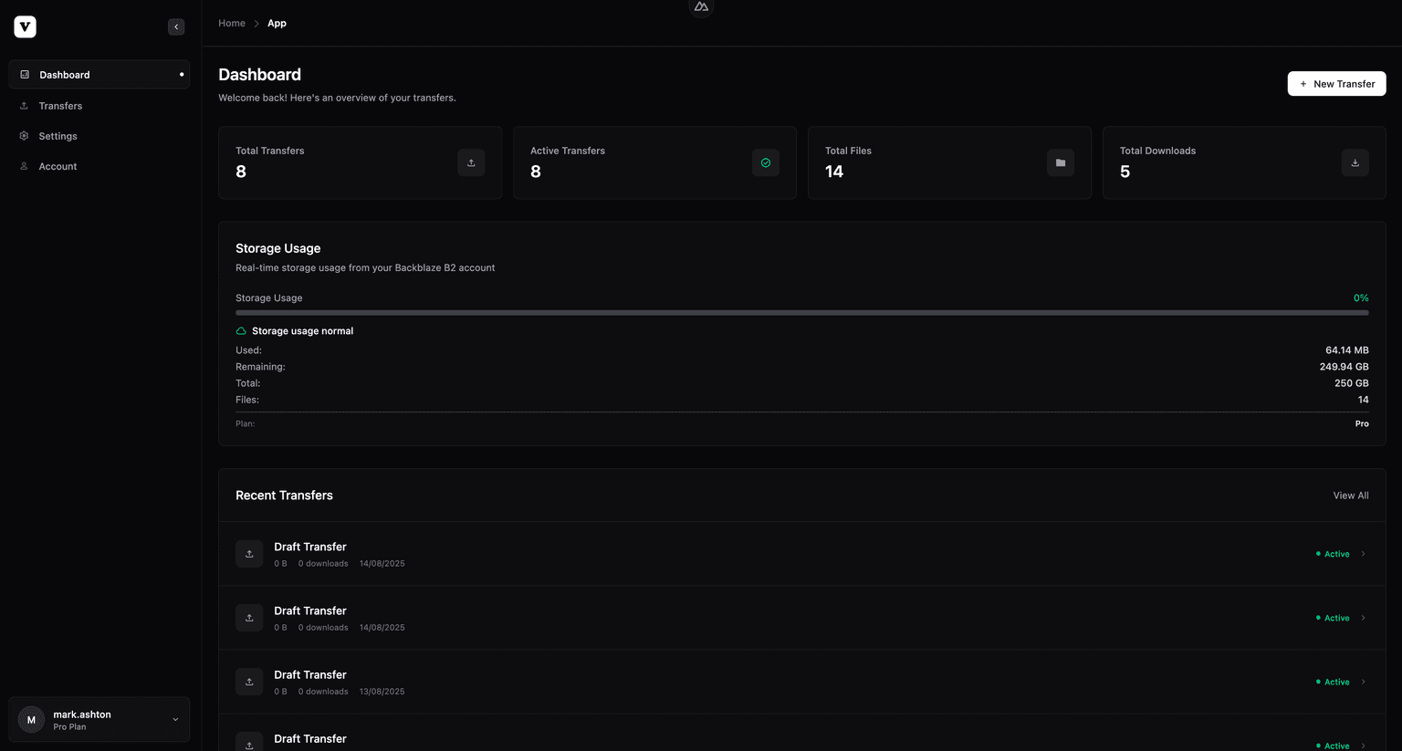 VuTransfer Dashboard Interface showing transfer statistics and recent files
