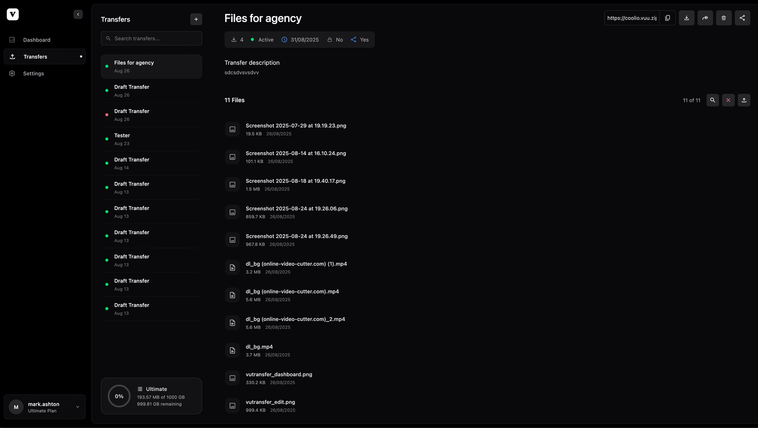 VuTransfer file upload interface showing drag and drop functionality and file management